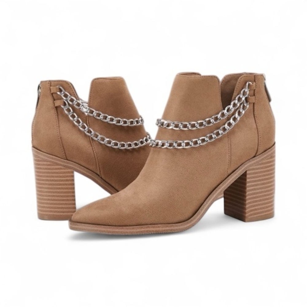 PiePieBuy Suede Chain Ankle Boots | Block Heel Tan Booties | Size 9 BNIB